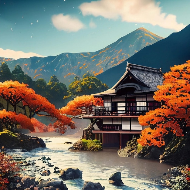 Casa de paisaje de otoño en el bosque con río de montaña entre naranjos