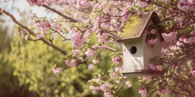 Casa de pájaro rosa en el árbol