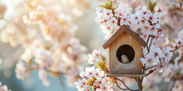 casa de pájaros en los árboles de flores de primavera