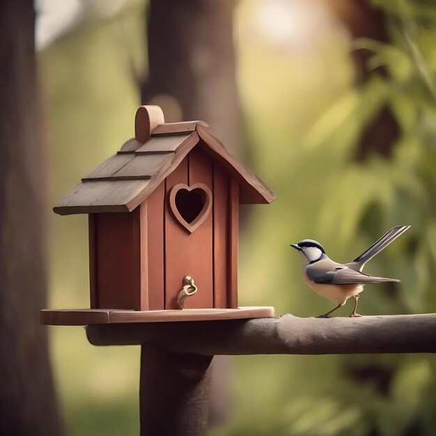 una casa de pájaros colgando de un árbol con el sol brillando a través de los árboles