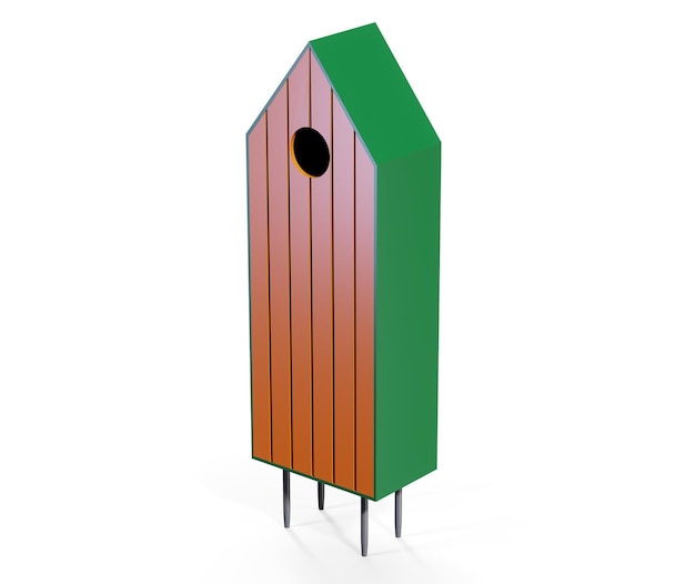 Casa de pájaros de madera en un poste aislado en una representación 3d de fondo blanco
