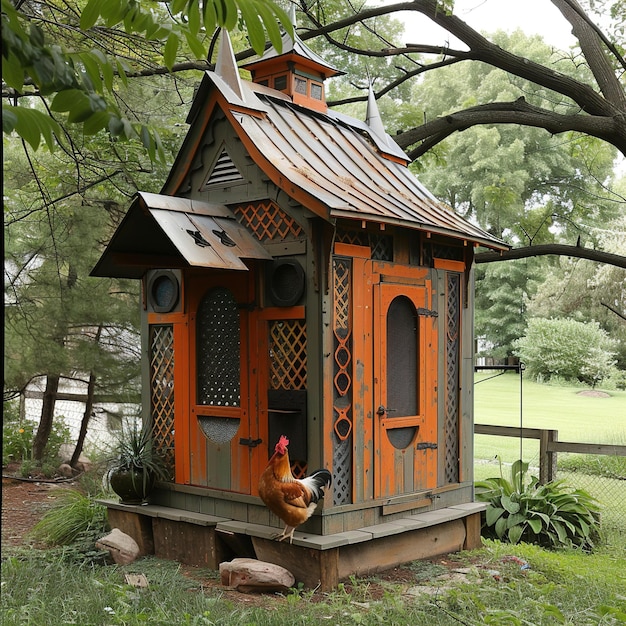 una casa de pájaros de madera con un techo de tejas está en el patio