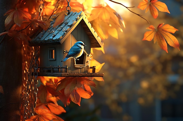 una casa para pájaros en una rama con hojas de otoño ai generativo