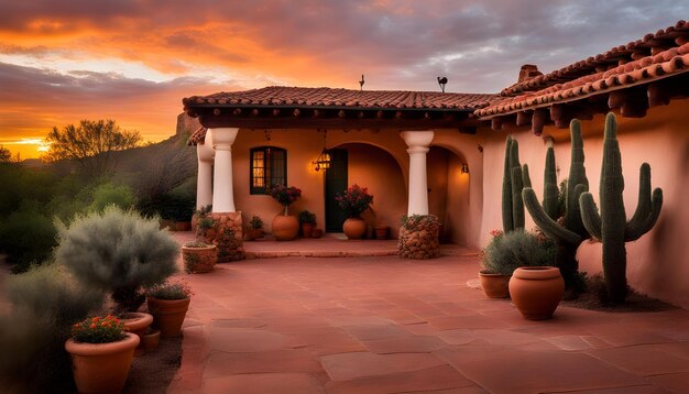 una casa con una palmera y una casa con un atardecer en el fondo