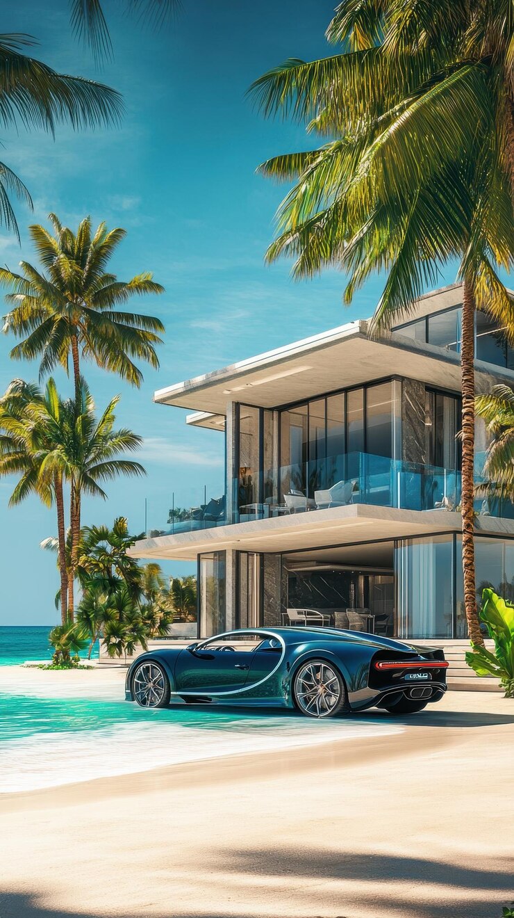 una casa con palmeras y un coche estacionado en la playa