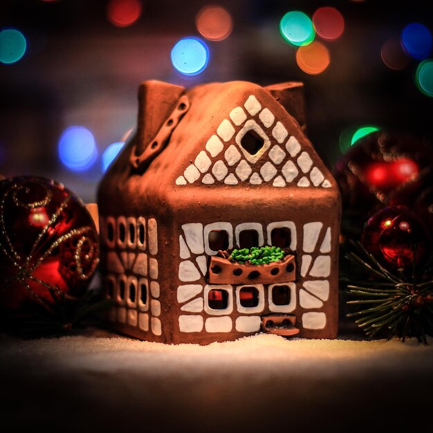 Casa de pan de jengibre y adornos navideños en backgrou festivo