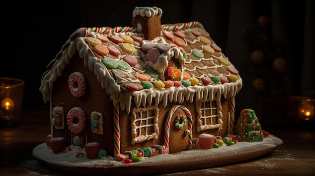 Una casa de pan de jengibre con un bastón de caramelo en el techo
