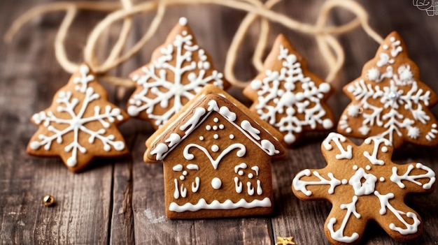 Casa de pan de jengibre y copos de nieve en una mesa de madera