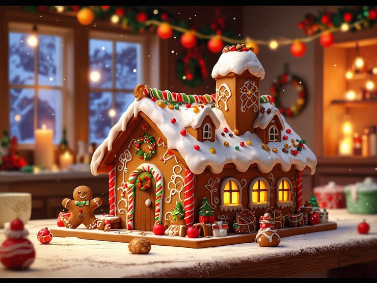 una casa de pan de jengibre con decoraciones de Navidad