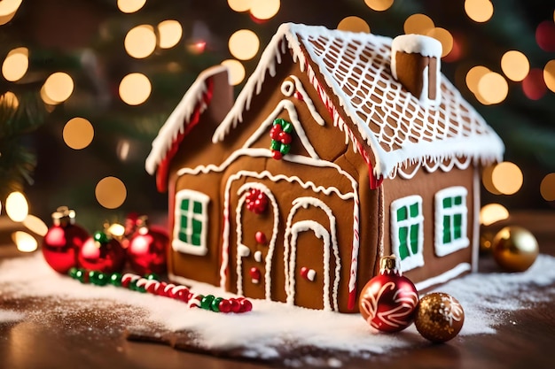 Una casa de pan de jengibre decorada con un árbol de navidad y bolas.