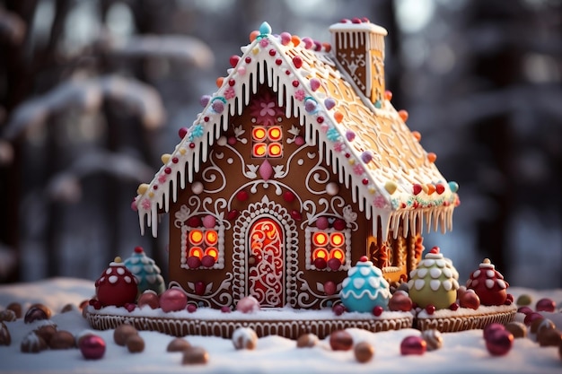 Casa de pan de jengibre de invierno con decoración de dulces AI