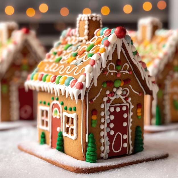 Casa de pan de jengibre en la mesa de Navidad