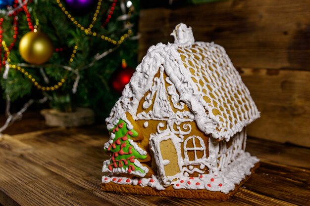 Casa de pan de jengibre de Navidad en una mesa de madera