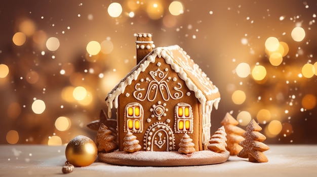 Casa de pan de jengibre en una panadería navideña en hielo blanco composición de Año Nuevo fondo bokeh de luces