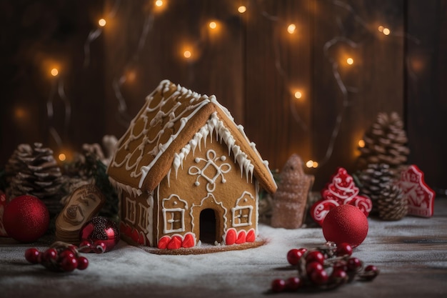 Casa de pan de jengibre rodeada de un borde navideño festivo