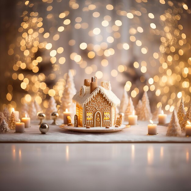 Foto casa de pan de jengibre rodeada de luces de año nuevo preparación para el año nuevo y navidad diy b