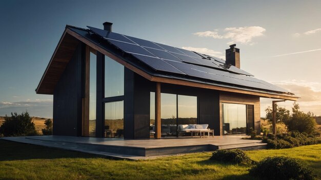 Casa con un panel solar en el techo