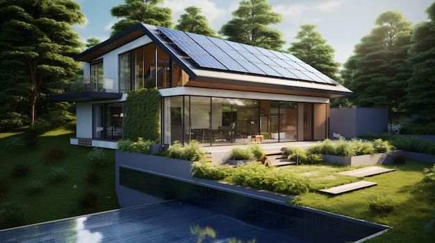 Casa con panel solar en el tejado y jardín.