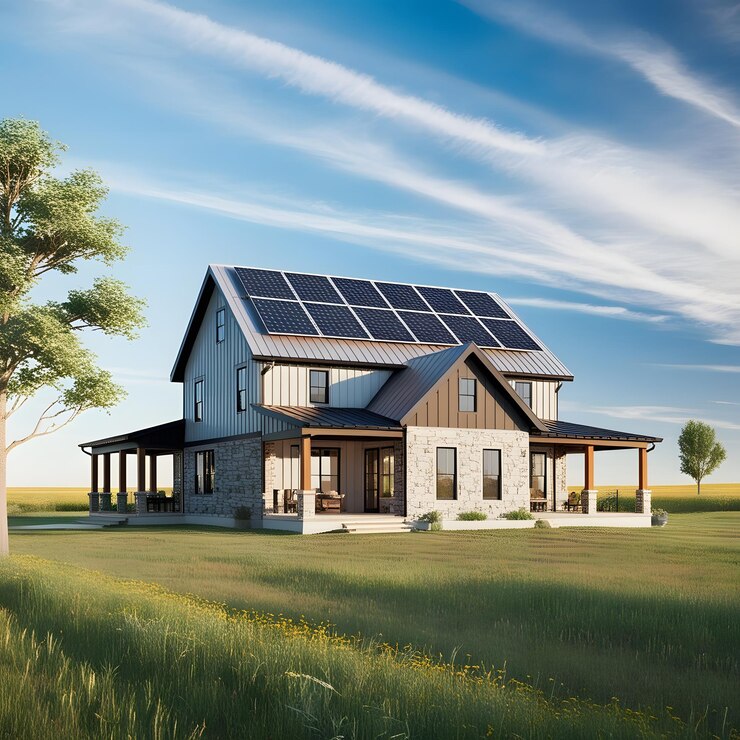 una casa con paneles solares en el techo y un árbol en primer plano