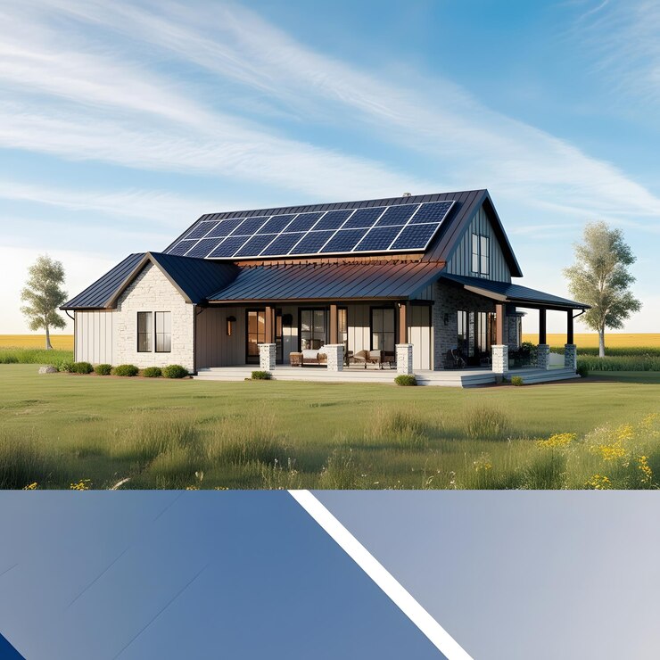 una casa con paneles solares en el techo y un cielo azul con una línea blanca
