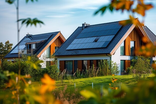 Casa con paneles solares en el techo bajo un cielo brillante Energía sostenible y limpia