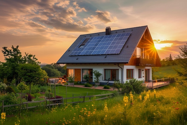 Casa con paneles solares en el techo bajo un cielo brillante Energía sostenible y limpia