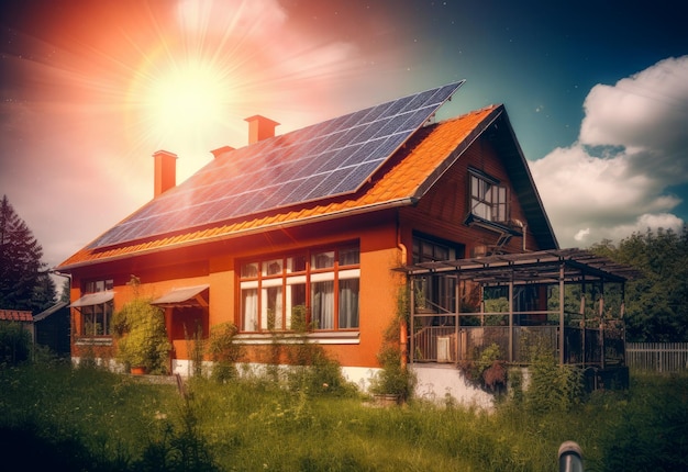 Una casa con paneles solares en el techo