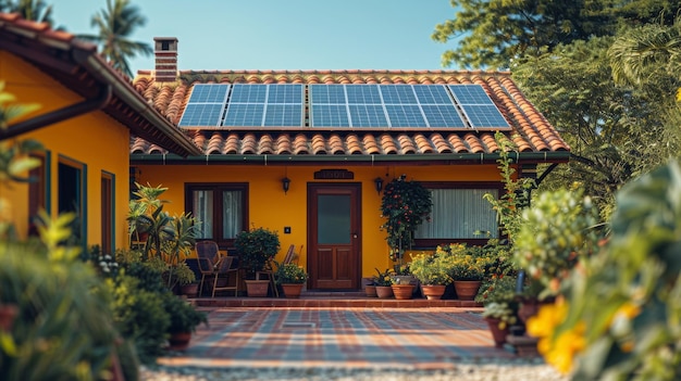 Casa con paneles solares en el techo