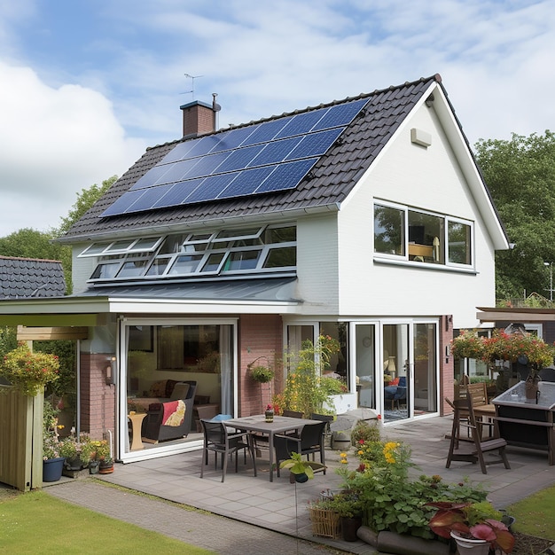 Una casa con paneles solares en el techo