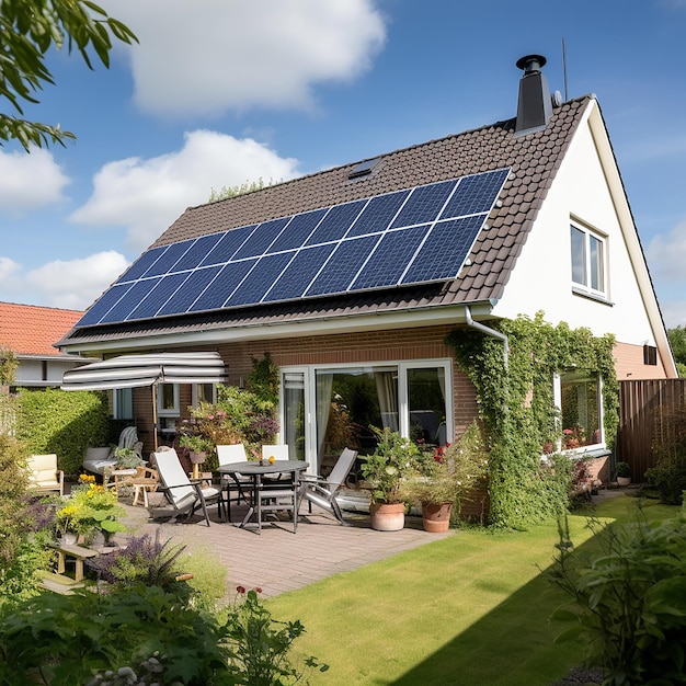 Una casa con paneles solares en el techo