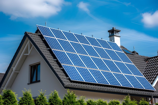 Casa con paneles solares en el techo