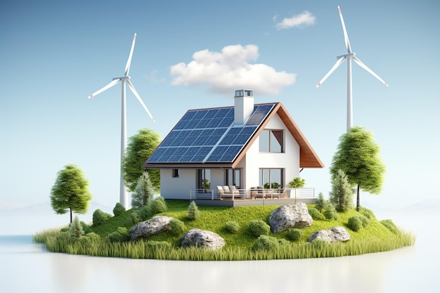 Casa con paneles solares y turbinas eólicas Concepto de energía renovable