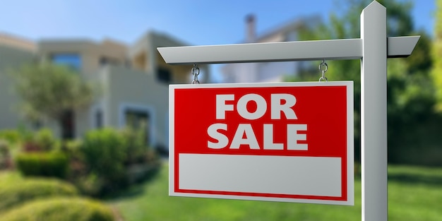 Casa para venda cartaz de madeira Imobiliário sinal de texto cor vermelha na ilustração 3d de fundo de propriedade de desfoque