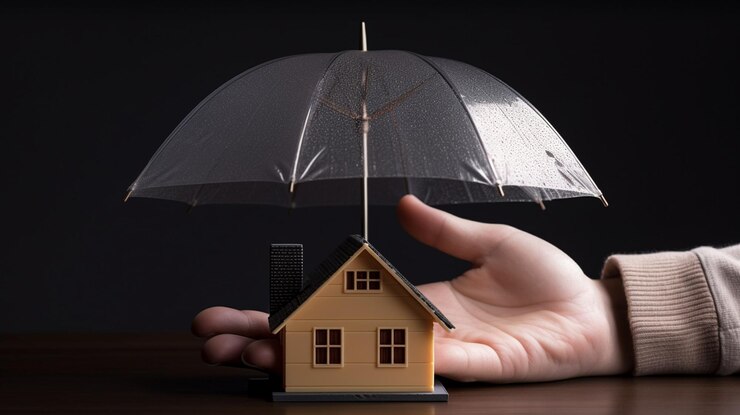 Casa con paraguas en mano sobre fondo negro Concepto de seguridad y seguros generativo ai