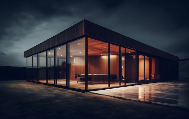 Casa con paredes de cristal por la noche Diseño de casa moderna