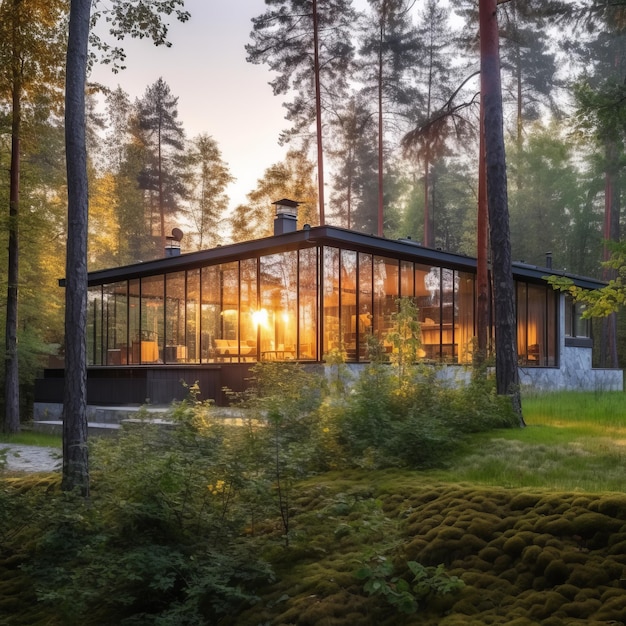 Foto una casa con paredes de vidrio y una gran ventana en el bosque