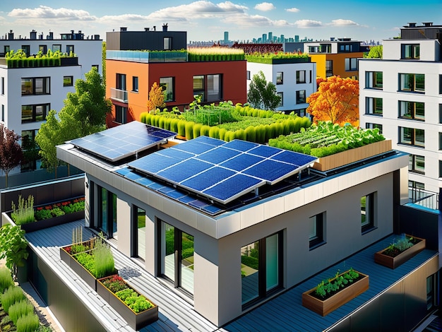 Foto casa pasiva moderna y ecológica con paneles solares en el techo paneles solares y vivienda comunitaria urbana