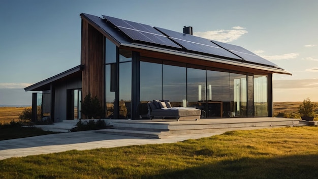 Casa passiva moderna e ecológica com quintal ajardinado Painéis solares no telhado de gable