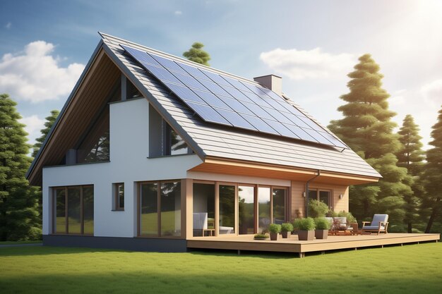 Casa passiva moderna ecológica com painéis solares no telhado de gable no verão