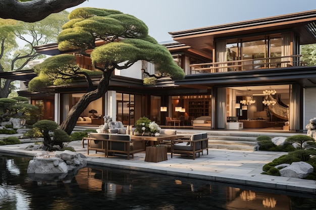 Casa con patio chino moderna que se centra en crear una sensación de serenidad dentro de un entorno urbano.