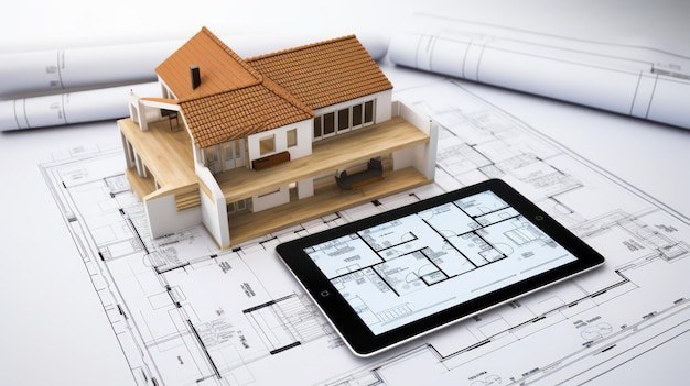 Casa pequeña en 3D con plano en la pantalla de una tableta digital y papel de plano de planta de arquitectura