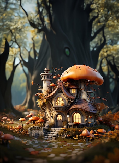 Casa pequeña de cuento de hadas con setas y follaje de otoño IA generativa