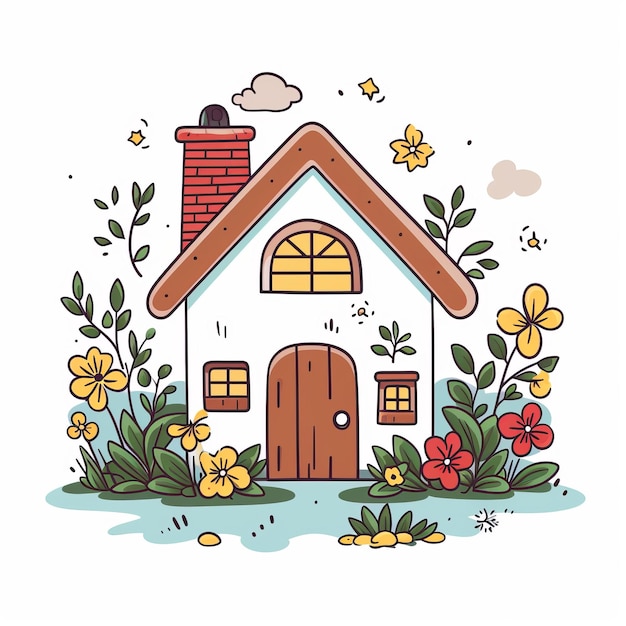 Casa pequena e bonita com jardim desenho simples bela imagem de ilustração IA generativa