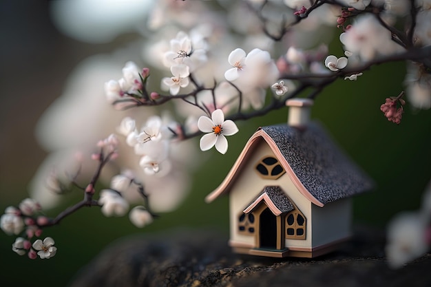 Casa pequena em miniatura num galho de uma árvore em flor O conceito de habitação ecológica