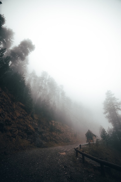 Foto casa pequena em uma estrada de nevoeiro