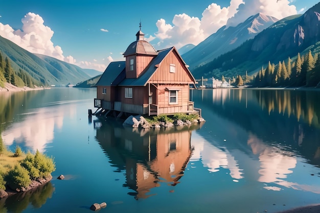 Una casa en una pequeña isla en el agua.