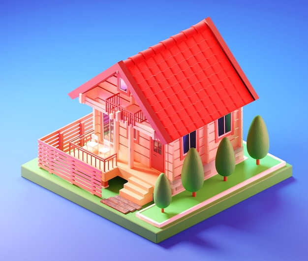 Casa pequena isométrica. Ilustração 3D