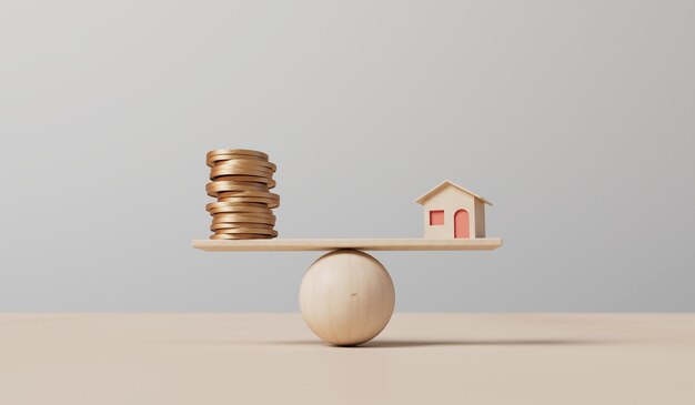 Casa pequeña y una pila de monedas en equilibrio en un columpio concepto de propiedad d renderización