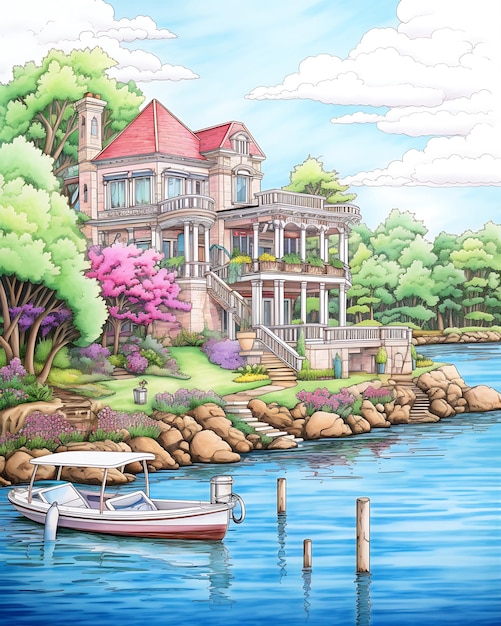 Casa perto de um lago com barcos Página de colorir