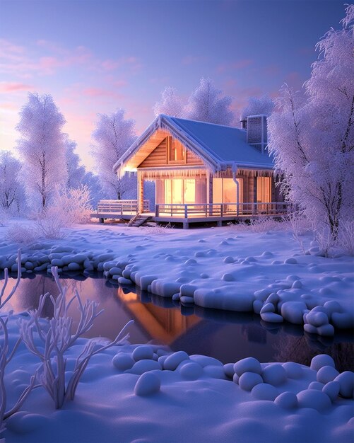 Foto casa perto do rio durante a noite de inverno gerada pela ia